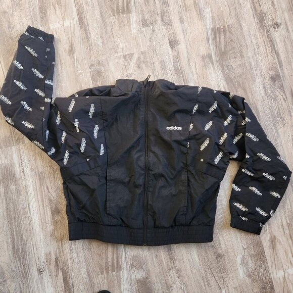 Adidas Womens Black Full-Zip Sport Track Jacket All-Over Logo & Elastic Hem M - Picture 4 of 16